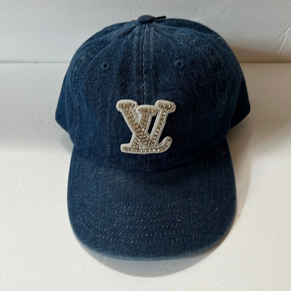 Denim Dark Blue Baseball Cap with Rhinestone & White Motif One Size Adjustable